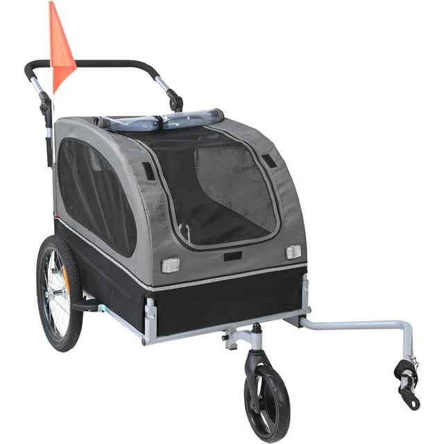 SKYSHALO Pet Bike Trailer, Up to 88 lbs Capacity, Dual-Function Dog Stroller and Bicycle Hitch, Foldable Frame with Snap-On Wheels, Includes Bike Attachment, Safety Reflectors, and Flag, Black/Gray SKYSHALO