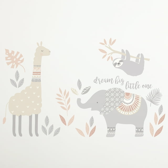 Levtex Baby - Imani Resuable Wall Decal - Llama, Elephant, Lion, Sloth - Grey, Taupe, Pink, - Nursery Accessories - Size: 19 x 35.5in. Levtex Home