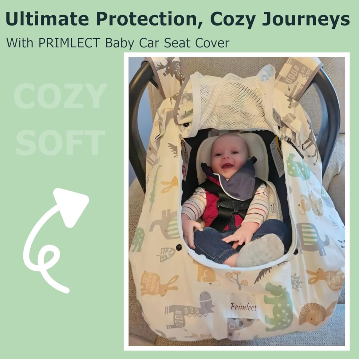 Car Seat Cover Baby, Minky Baby Car Seat Cover, 3 in 1 Carseat Sover for Winter, Winter Carseat Cover for Baby with Storage Bag (White Animals) Beavtaens