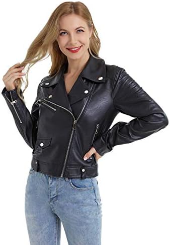 DIASHINY Faux Leather Jacket For Women Crop Short Cropped PU Slim Zip Up Moto Biker Coat Motorcycle Jackets DIASHINY