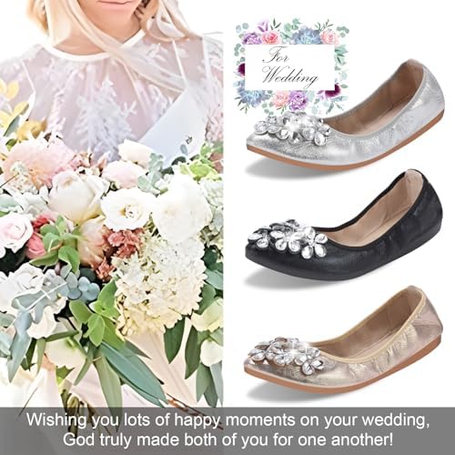 KUNWFNIX Women Ballet Flats Rhinestone Wedding Ballerina Shoes Foldable Sparkly Comfort Slip on Flat Shoes KUNWFNIX