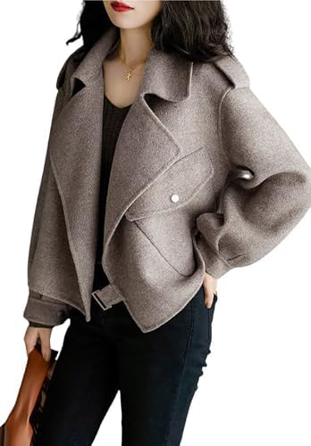 utcoco Women Cropped Wool Coats Notched Lapel Pea Coat Open Front Trench Overcoat Jackets with Pockets Utcoco