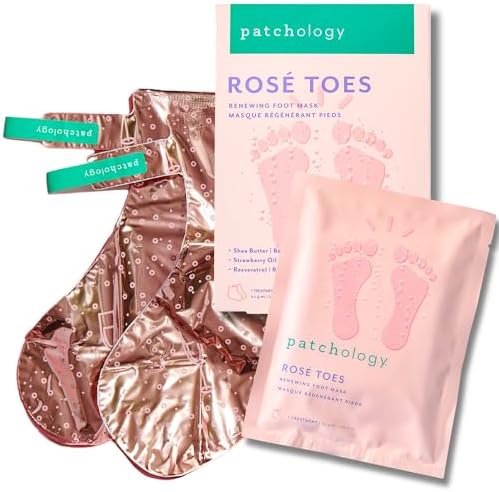 Patchology Rosé Toes - Moisturizing Shea Butter Foot Mask with Strawberry Scent, Foot Booties for Dry Cracked Feet, Disposable Home Spa Socks with Resveratrol, Soothing Foot Care (1 Pair) Patchology