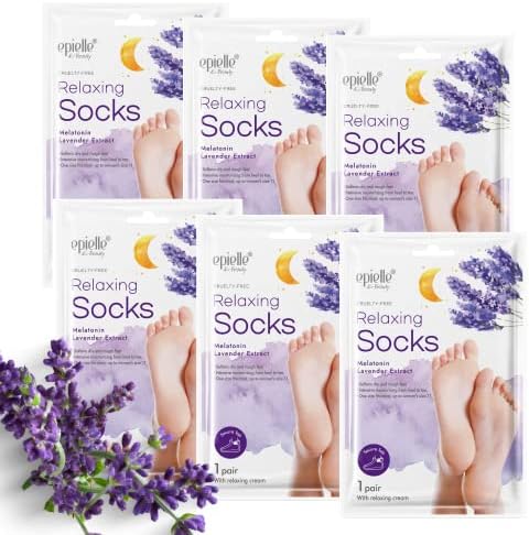 Epielle Relaxing Foot Masks - Melatonin & Lavender Extract | Deep Moisturizing | 100% Vegan & Cruelty-Free | 6 Pack Socks | Beauty Gifts Epielle