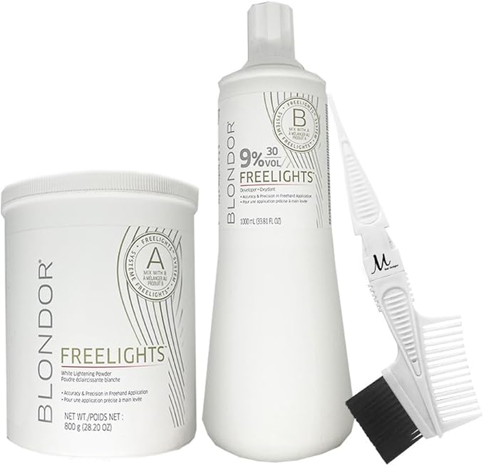 Blondor Freelights White Lightening Powder 28.2 Oz, Blondor Freelights Developer 9% 30 Volume and M Hair Designs Tint Brush Comb (Bundle) M Hair Designs