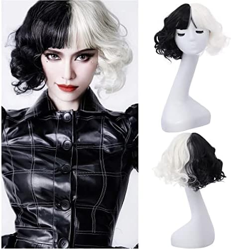 MAGQOO Half Black White Wig with Bangs Women Girls Short Curly Wavy Wig Black and White Hair Wigs Halloween Cosplay Costume Party Wig Magqoo