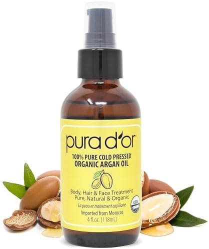 PURA D'OR 4 Oz ORGANIC Moroccan Argan Oil - USDA Certified 100% Pure & Cold Pressed Virgin Premium Grade Natural Moisturizer Treatment For Dry, Damaged Skin, Hair, Face, Body & Scalp - Men & Women PURA D'OR