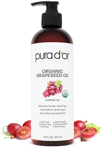 PURA D'OR 16 Oz Organic Grapeseed Oil - 100% Pure & Natural USDA Certified Cold Pressed Carrier Oil - Light & Silky, Unscented, Hexane Free Liquid Moisturizer - Face Skin & Hair - Men & Women PURA D'OR