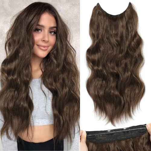 Halo Hair Extensions 20 Inch Invisible Wire Hair Extensions Adjustable Long Wavy Hair Extensions Synthetic Upgrade 4 Secure Clips in Hairpieces 20 Inch,Medium Brown Buppler