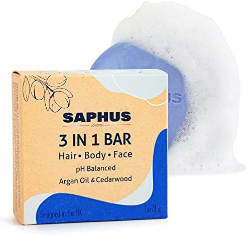 3-in-1 Shampoo Conditioner & Body Wash Bar for Hair, Body, Face, Beard | Moisturizing & Cleansing for Men, Women, Kids | pH Balanced, Travel Friendly, Sulfate Free, 3oz SAPHUS