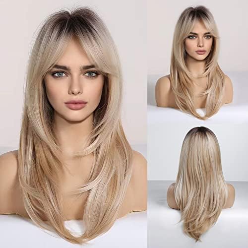 HAIRCUBE Blonde Wigs Long Curly Wigs Shoulder Length Heat Resistant Synthetic Wigs for Women with Bangs Haircube