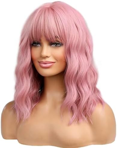 BERON 14 Inches Pink Wig for Women Girls Short Curly Synthetic Wig with Bangs Lovely Pink Beron