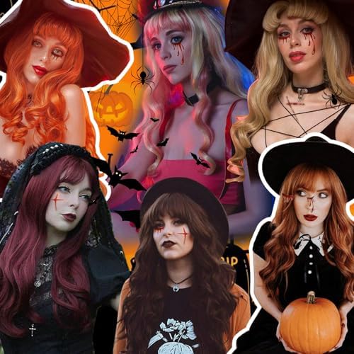 Orange Wig Long Wavy Wig with Bangs Orange Curly Wigs for Women Synthetic Curly Wavy Wig for Party Cosplay Daily Use 26 Inch Vomella