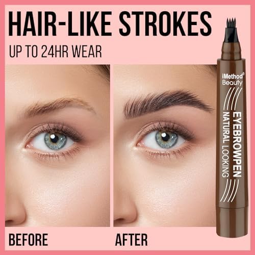 iMethod Microblading Eyebrow Pen - Eyebrow Pencil Magical Upgraded Eye Brow Pencils for Women with 4 Fork Tip & Spoolie Brush for Natural-Looking Hair-Like Defined Brows, Last All-Day, Light Brown iMethod