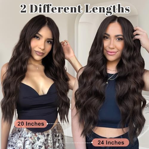 ALXNAN Clip in Long Wavy Synthetic Hair Extension 4PCS 24 Inch Dark Brown Thick Hairpieces Fiber Double Weft Hair for Women Alxnan