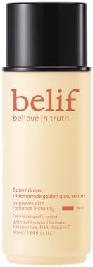 belif Super Drops Niacinamide Vitamin C Golden Glow Serum, 2-in-1 Hydrating & Brightening Makeup Primer,lluminator and Highlighter to Blur Pores & Even Skin Texture, PHA, Korean Skin Care Belif