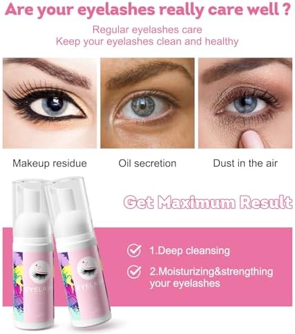 Buqikma Lash Shampoo for Lash Extensions 60Ml/2.11fl.Oz Eyelash Extension Cleanser Gentle Foaming Eyelash Shampoo Bath Eyelash Cleaning Kit with Lash Shampoo Brush Mascara Brush for Salon Home Care Buqikma