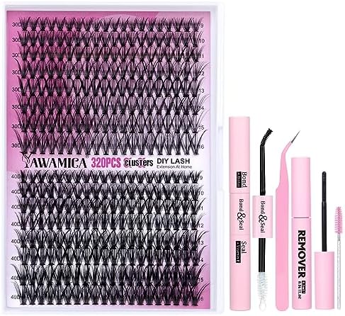 Lash Clusters Kit Fluffy Eyelash Extension Kit Thick Volume Individual Lashes 100D 10-18mm 300pcs Eyelash Clusters with Bond and Seal and Lash Remover and Lash Applicator Kit DIY at Home by Yawamica Yawamica