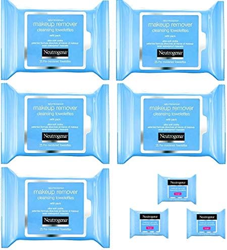 Neutrogena Makeup Remover Cleansing Towelettes, Daily Face Wipes to Remove Dirt, Oil, Makeup & Waterproof Mascara, 25 ct (5 pack + 3 Bonus Pouches) Neutrogena