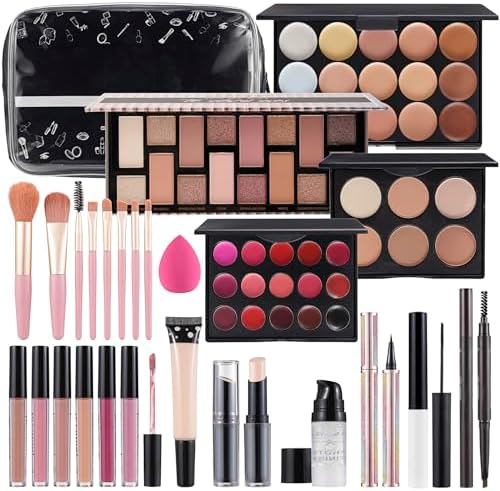 Makeup Kit For Women Full kit, Makeup Set For Teen Girls Eyeshadow Lip gloss Lipstick Make up Brushes Eyebrow Eyeliner Pen Liquid Concealer Foundation Primer Puff Eye shadow Shields Eye Brow Stencil Moobirlet