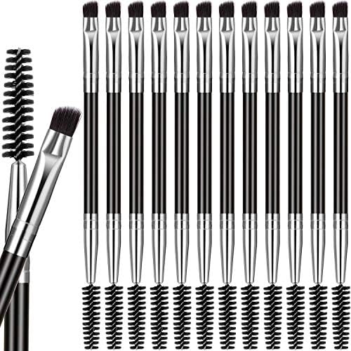 12 Packs Duo Eyebrow Brush, Spoolie Brush and Angled Brow Brush, Multi-functional Mini Eyelash Brush for Tinting Angled Eyebrow, Suitable for Cream Gel (Silver) Boao