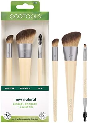 EcoTools New Natural Conceal, Enhance, & Sculpt Trio, Makeup Brushes For Foundation, Concealer, & Brows, Dense, Synthetic Bristles For Sculpting Face, Vegan & Cruelty-Free, 3 Piece Set EcoTools