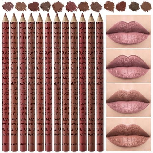 12 Pcs Natural Nude Brown Beige Colors Lip Liner Lipstick Pencils Set for Daily Makeup,Easy to Apply & Remove,Waterproof (B) Suake