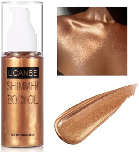 UCANBE Body Shimmer Oil 100ml, Moisturizing Body Glow Glitter Oil, Waterproof Shimmering Body Luminizer Liquid Illuminator Highlighter, Tinted Shimmer Body Lotion Glowing Bronzer Makeup(Bronze Gold) UCANBE