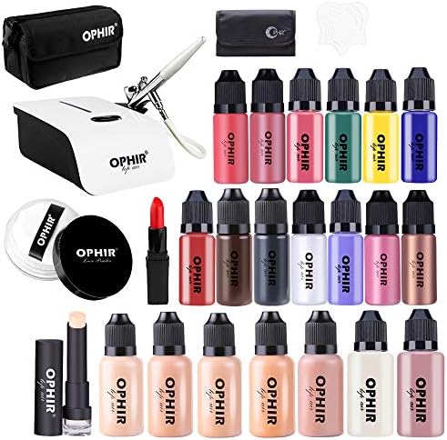 OPHIR 0.3mm Complete Airbrush Makeup System Kit with Mini Air Compressor & 7X 30ML Foundation 13X 10ML Blush Eyeshadow Concealer Loose Powder (Порошок) Set & Bag Cosmetic Set for Movie Stage Makeup OPHIR