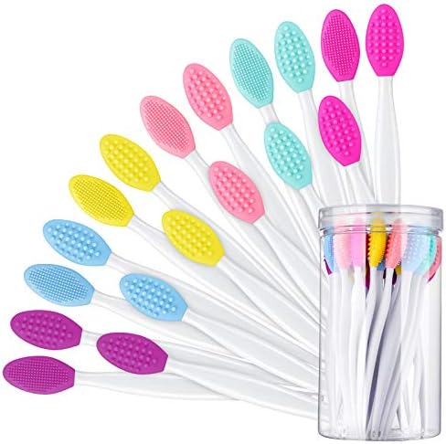 24 Pcs Silicone Exfoliating Lip Brush with Container, Double Sided Silicone Lip Scrubber Soft Cleaning Lip Brush Face Cleaning Applicator for Plump Smoother Lip Appearance (Mixed Colors) Patelai