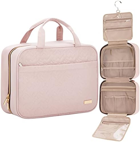 NISHEL Travel Toiletry Bag for women, Portable Hanging Organizer for Travel-Sized Shampoo, Conditioner, Brushes Set, makeup Accessories, Medium Size, Pink Nishel