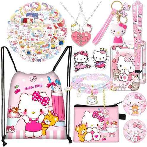 TGECTP Cute Kawaii Kitty Stuff Gift Set, Including Drawstring Bag Coin Wallet Bracelet Keychain Necklaces Button Pins Stickers Lanyard for Kids Teens Adults TGECTP