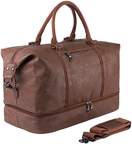 Leather Travel Bag with Shoe Pouch,Weekender Overnight Bag Waterproof PU Leather Large Carry On Bag Travel Tote Duffel Bag for Men or Women-Brown seyfocnia