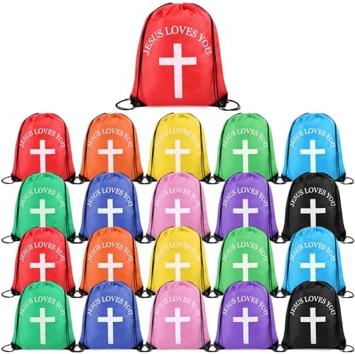 Jesus Loves You Drawstring Backpack Bulk Christian Religious Gift Bag Polyester Backpack(10 Pcs) SilTriangle