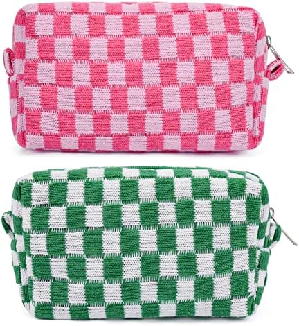 SOIDRAM 2 Pieces Makeup Bag Pouch Checkered Cosmetic Bag Pink Green, Travel Toiletry Bag Organizer Cute Makeup Brushes Storage Bag for Women Soidram