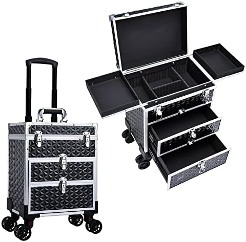 FRENESSA Professional Rolling Makeup Case Aluminum Trolley Train Case with 360° Swivel Wheels for Makuep Artist Travel Cosmetic Organizer with Sliding Drawers for Nail Tech Hairstylist Barber, Black Frenessa