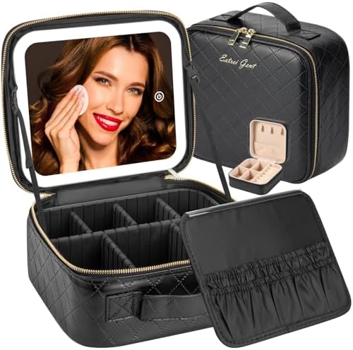 Makeup Travel Train Case With LED Lighted Mirror, Portable Waterproof 3-Color Adjustable Brightness Professional Makeup Bag with Dividers Makeup Brush Accessories and Toolkit Extrei Gent