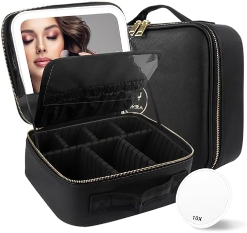 MOMIRA Travel Makeup Bag Cosmetic Bag Makeup Organizer Bag with Lighted Mirror, Adjustable Brightness in 3 Color Scenarios, Waterproof Makeup Train Case, Gift for Women - Woven black Momira