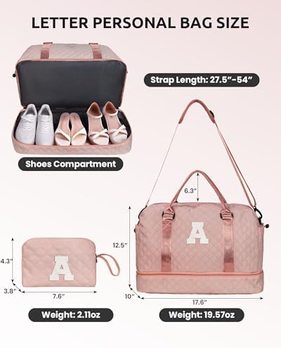 Initial Duffle Bag with Shoe Compartment, Personalized Weekender Bag, Monogram Overnight Bag for Women with Trolley Sleeve & Wet Pocket, Letter Travel Bag with Makeup Bag (Letter K) Vogewood