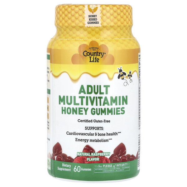 Adult Multivitamin Honey Gummies (Жевательные конфеты), Natural Raspberry, 60 Gummies Country Life