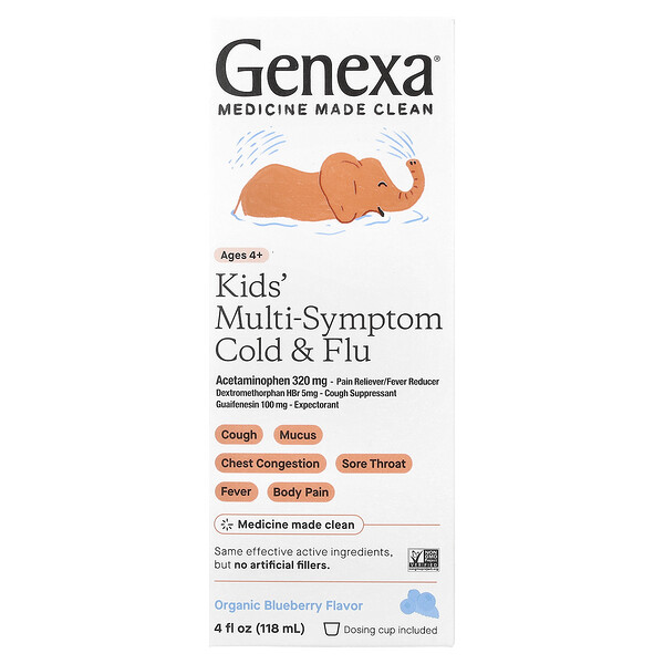 Kids' Multi-Symptom Cold & Flu, Ages 4+, Organic Blueberry, 4 fl oz (118 ml) Genexa