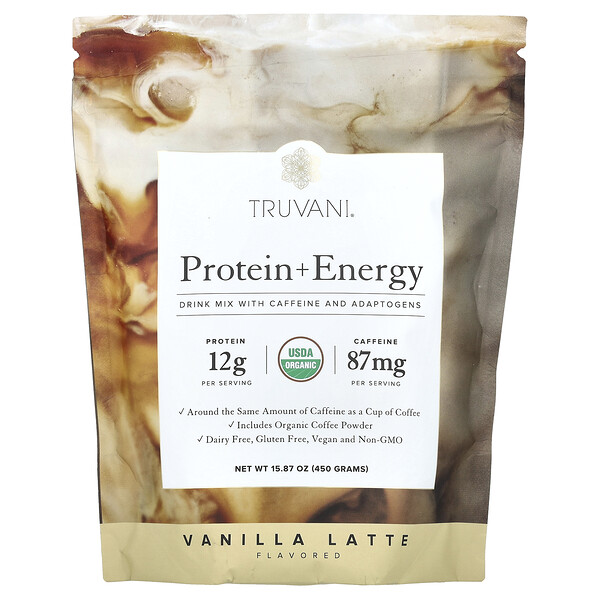 Protein + Energy, Vanilla Latte, 15.87 oz (450 g) Truvani