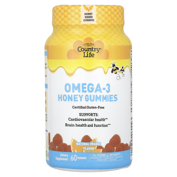 Omega-3 Honey Gummies (Жевательные конфеты), Natural Orange, 60 Gummies Country Life