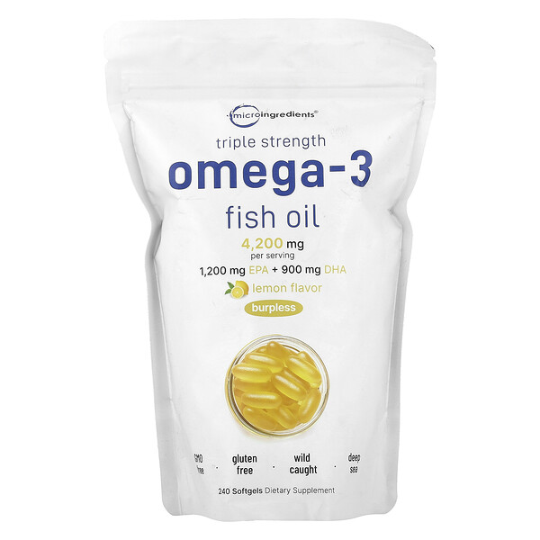 Triple Strength Omega-3 Fish Oil, Lemon, 4,200 mg, 240 Softgels (1,400 mg per Softgel) Micro Ingredients