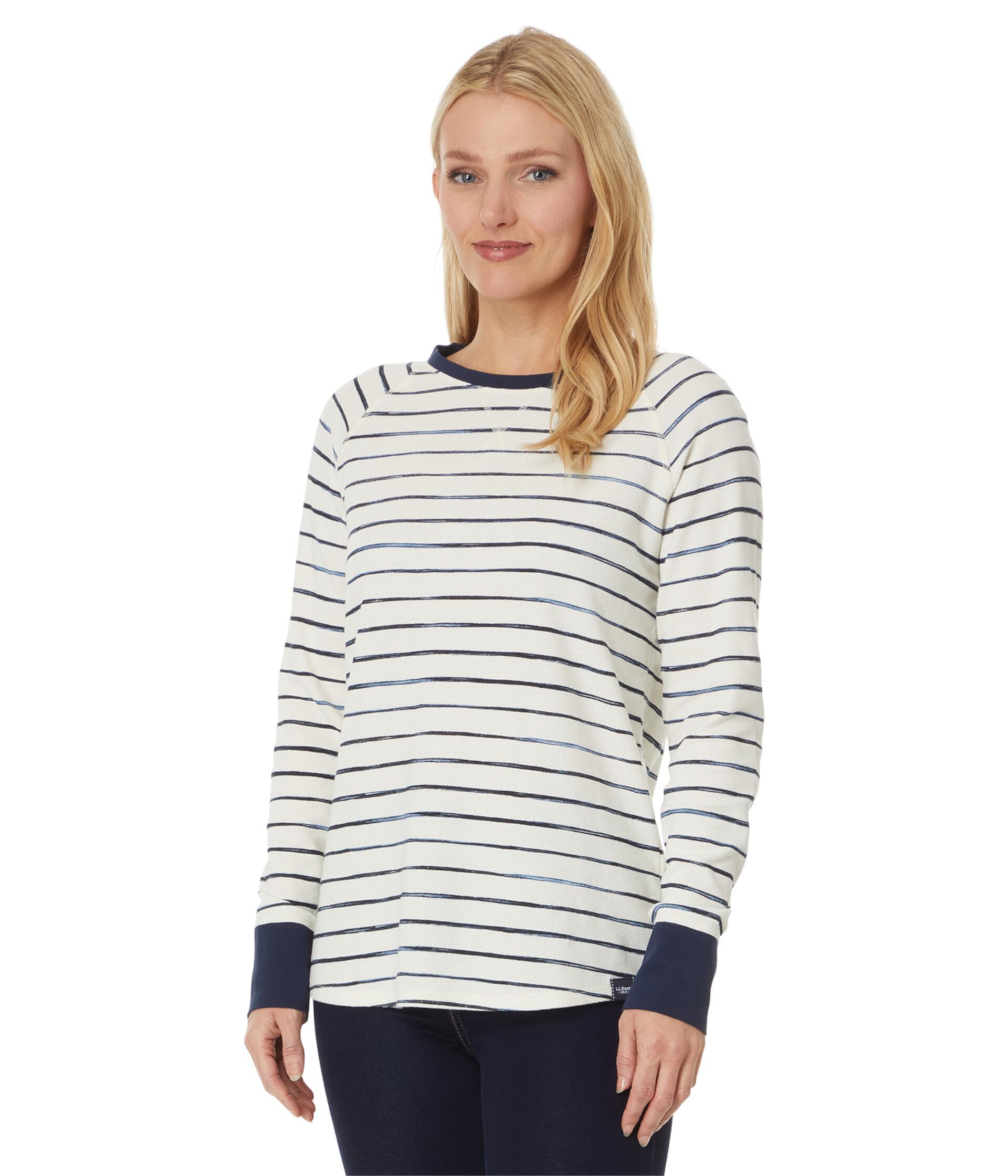 Женская Футболка L.L.Bean Unshrinkable Mini-Waffle Tee Long Sleeve Crew Neck Stripe L.L.Bean