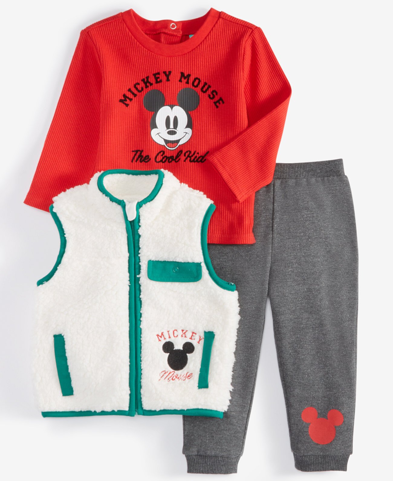 Baby Boys Mickey Mouse Faux-Fur Vest, T-Shirt & Jogger Pants, 3 Piece Set Disney