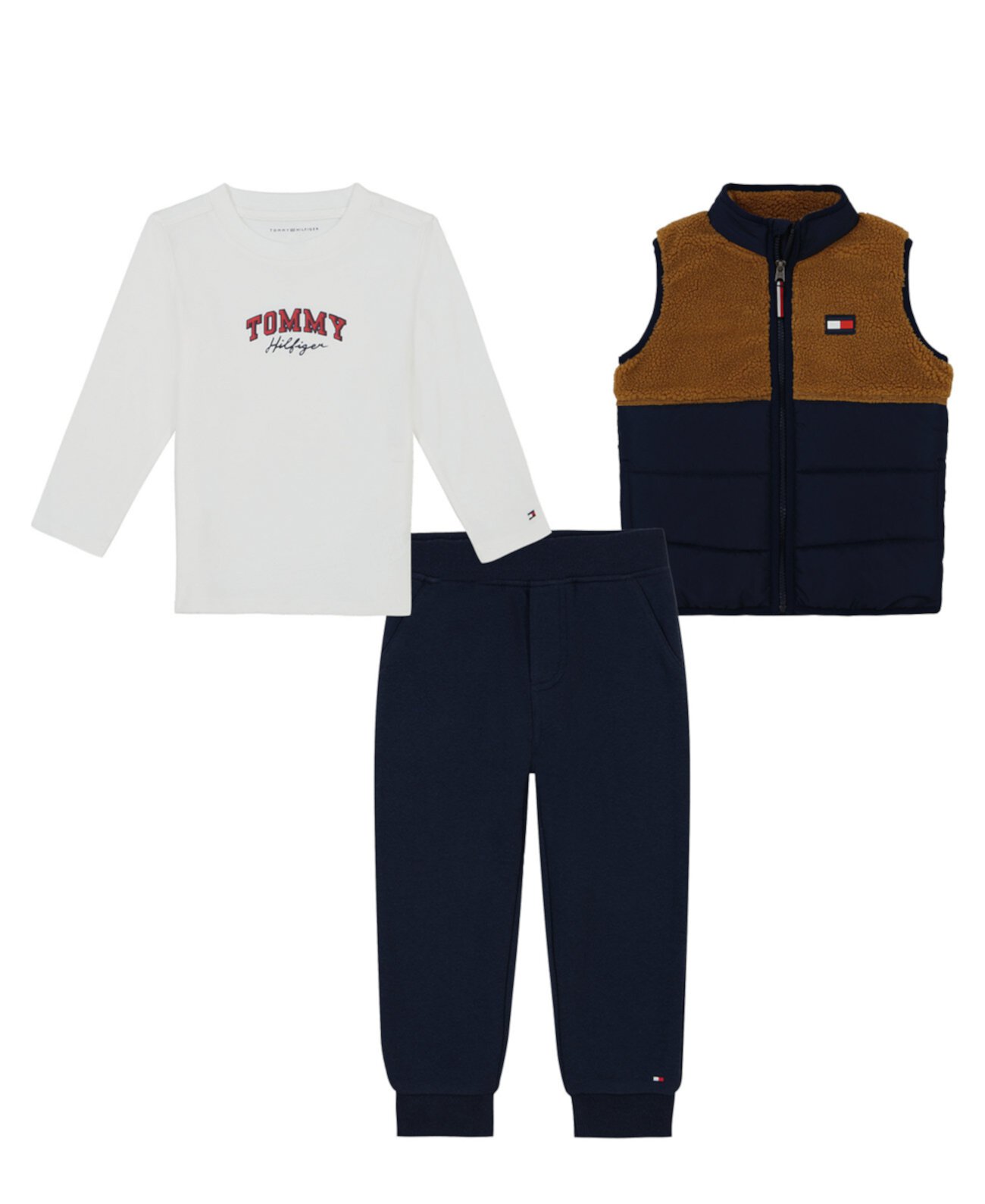 Toddler Boy Berber Puffer Vest Long Sleeve Tee and Joggers, 3-Piece Set Tommy Hilfiger