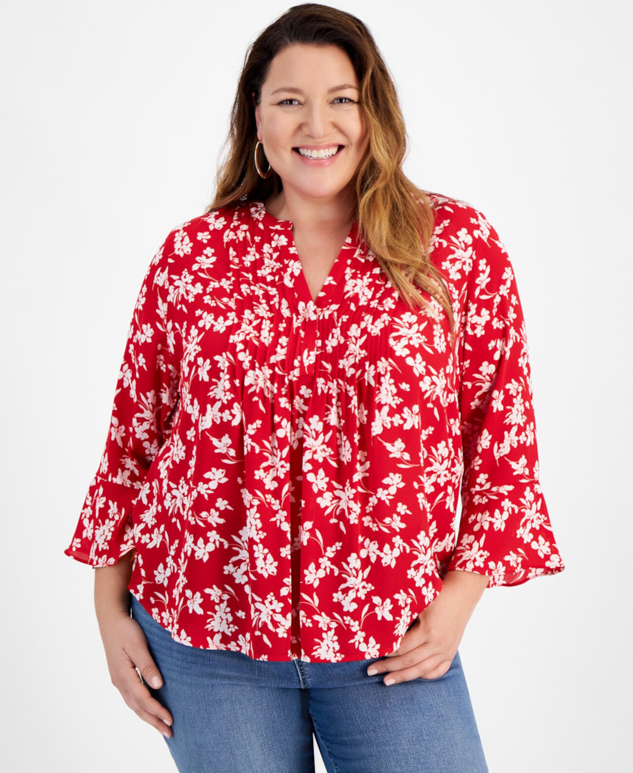 Plus Size Printed V-Neck Pintuck 3/4-Sleeve Top, Created for Macy's Style & Co