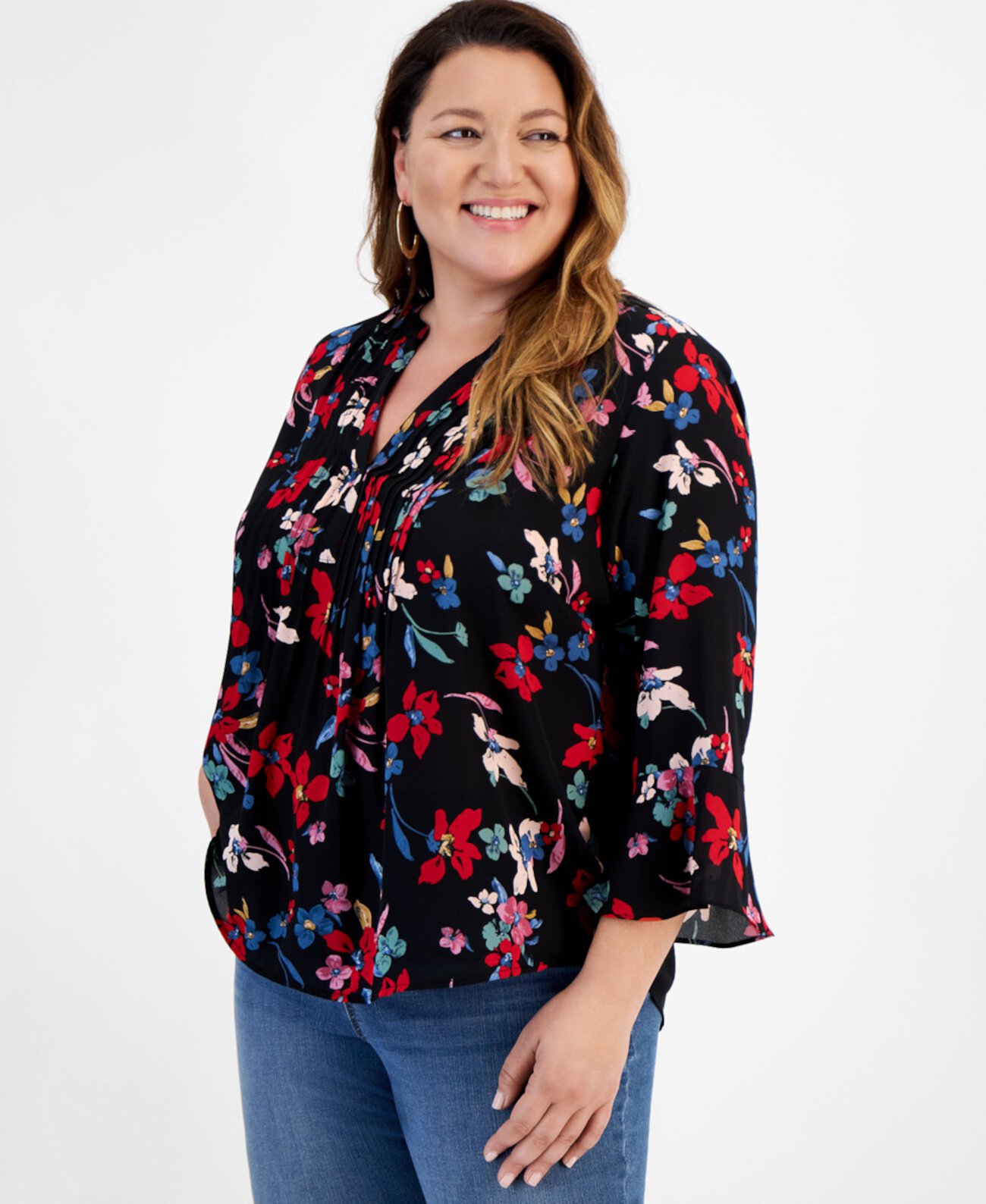 Plus Size Printed V-Neck Pintuck 3/4-Sleeve Top, Created for Macy's Style & Co