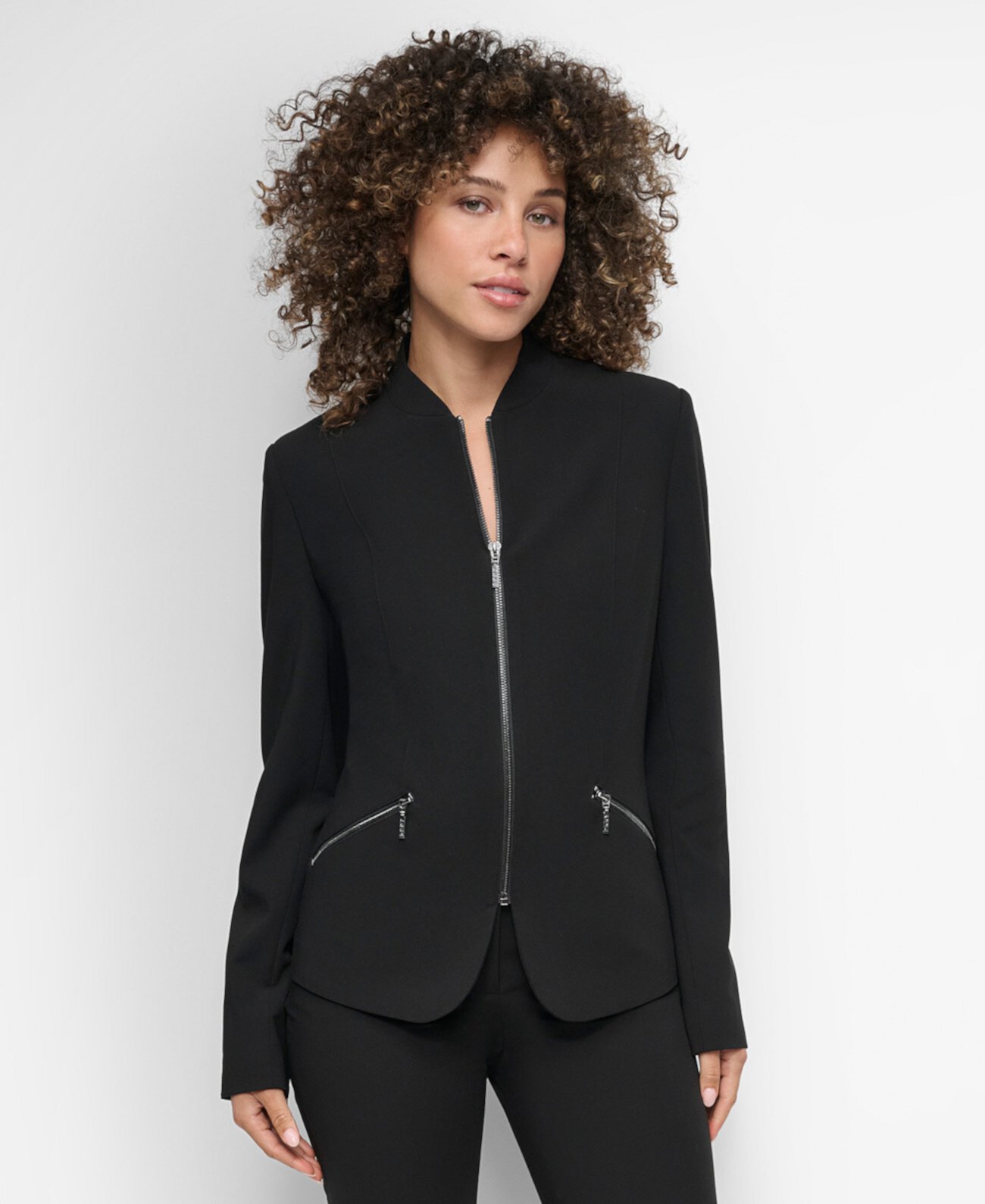 Petite Collarless Zip-Pocket Long-Sleeve Jacket DKNY